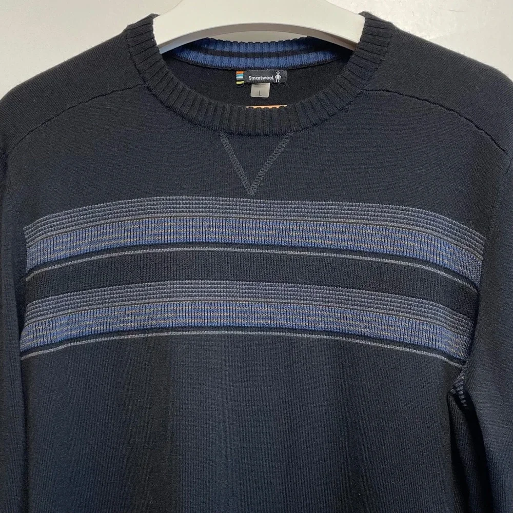 Smartwool‎ Men's Black Striped Crew Neck Sweater Size L Wool Blend Long Sleeve